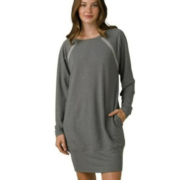 NEW Prana Ashy Gray Rosie Sweatshirt Dress Long Sleeves Banded Hem Size Small - Picture 1 of 6